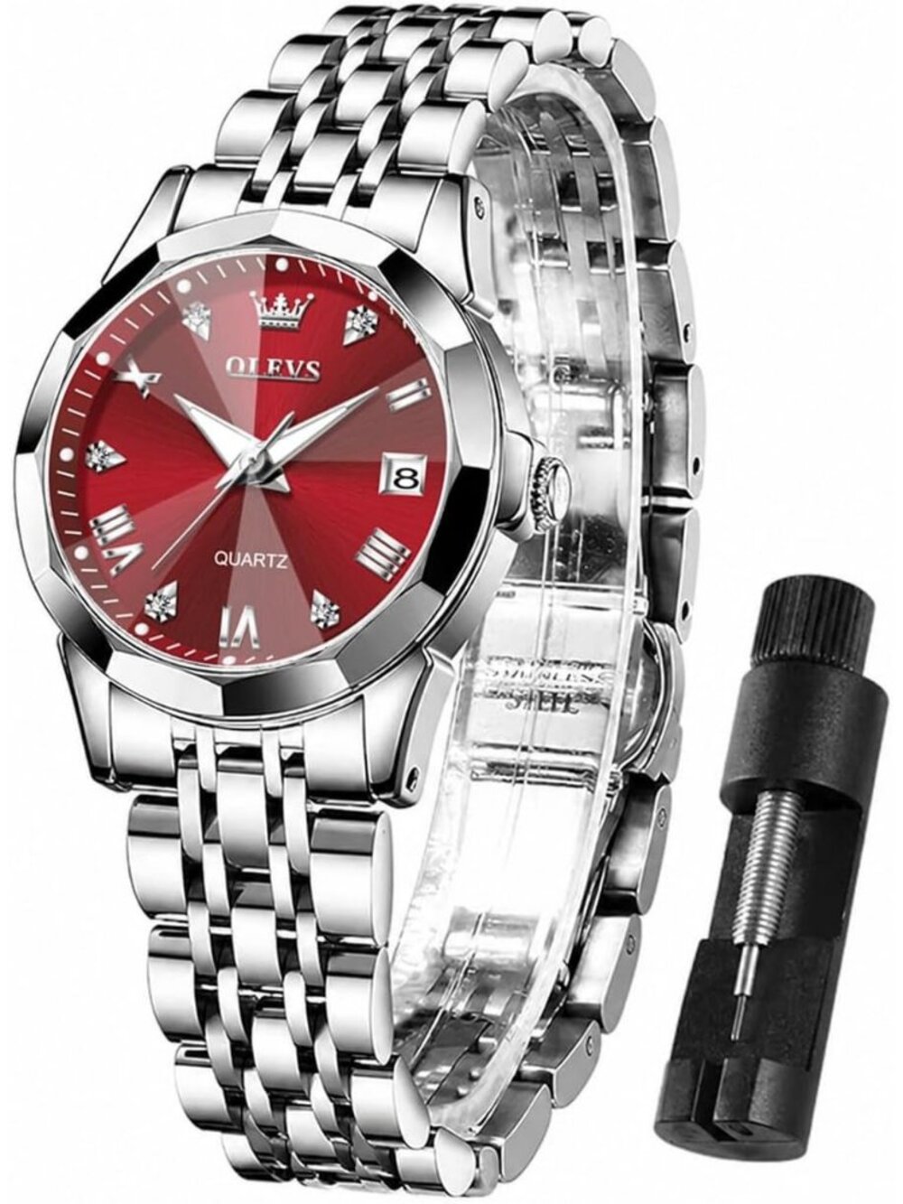 Women’s Silver Red Luxury Stainless Steel Waterproof Quartz Analog Dress Watch